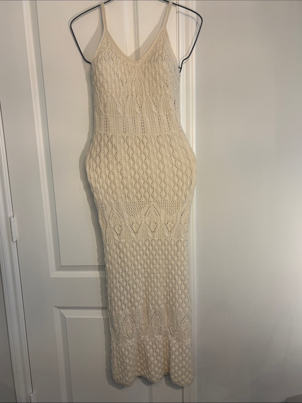 Freshman 1996 Cream Sleeveless Crochet knit Boho-Chic Maxi Dress. Size Medium
